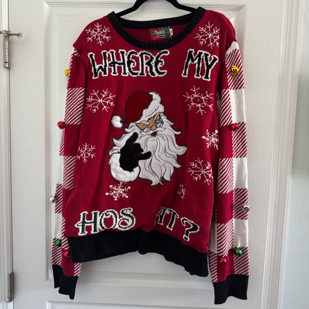 Spencers Workshop Light Up Christmas Sweater Mens XXL Where My Hos At Santa Red